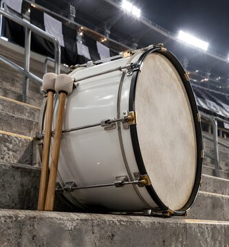 Large white marching bass drum with wooden mallets resting upright between concrete steps