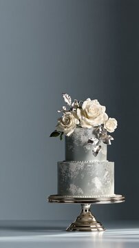 Pearl gray anniversary cake with sugar roses on a silver stand Generative AI