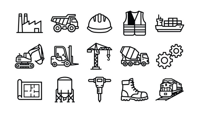 Black outline icon set of heavy construction machinery industrial manufacturing buildings engineering tools and logistics vehicles