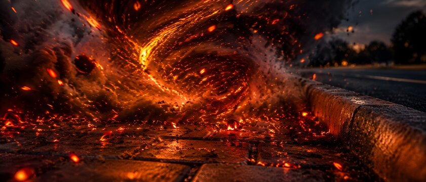 Vortex of glowing orange cinders swirling through dark smoke strata above municipal sidewalk paving