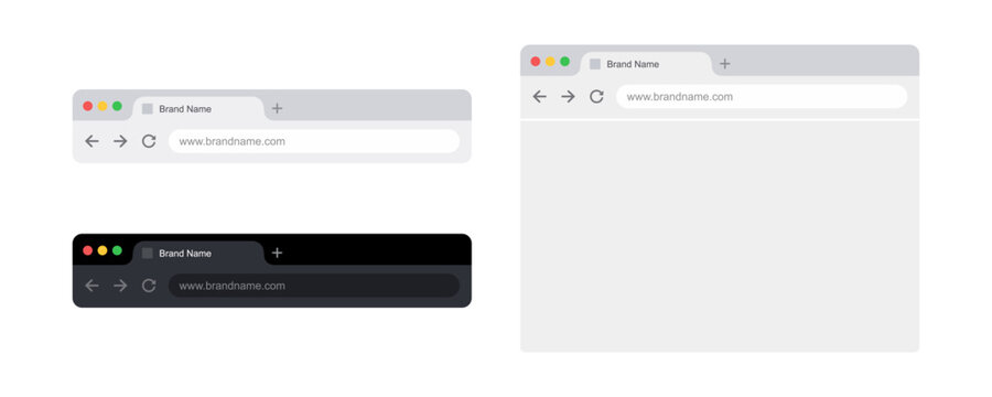Modern web browser window frames in light and dark mode for user internet browser interface design mockup and URL bar template, vector illustration
