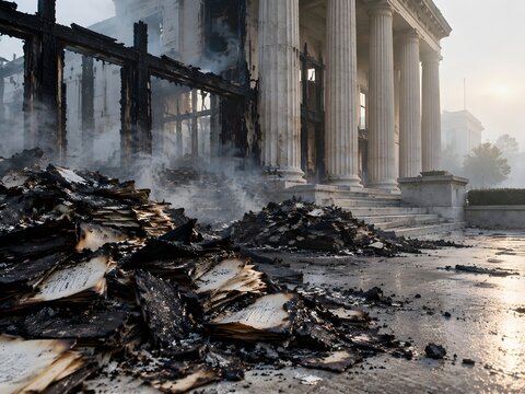 Smoking mounds of incinerated documents and charred building framing