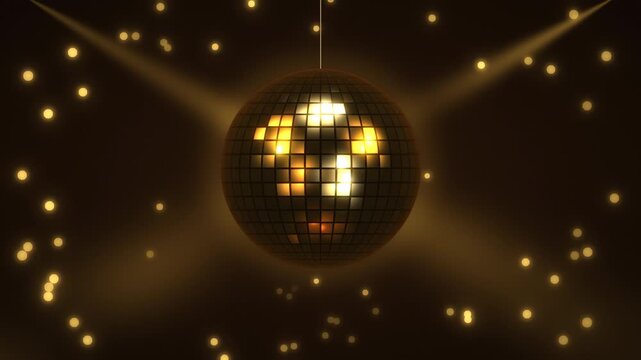 Disco ball in gold with disco lights in dark background 