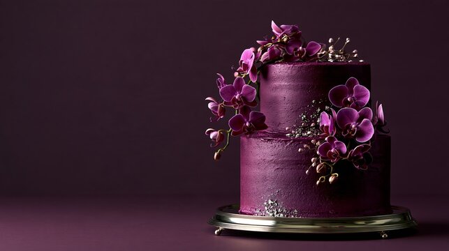 Anniversary cake with violet orchids on a silver stand in a studio Generative AI