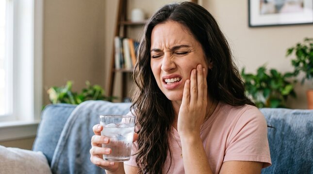 A young woman grimacing in pain, holding her jaw after drinking cold water, indicating tooth sensitivity or a toothache.