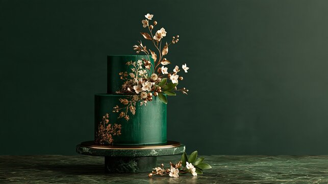 Emerald anniversary cake with gold botanical details on a marble pedestal Generative AI