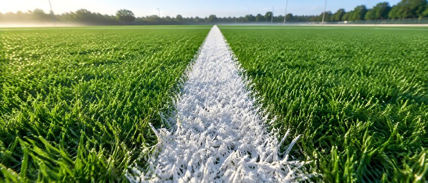 Painted white sideline chalk stripe stretching into the far distance across a flat athletic field with dense green turf