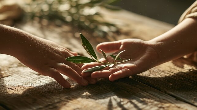Children reach across a wooden table with an olive branch at morning Generative AI
