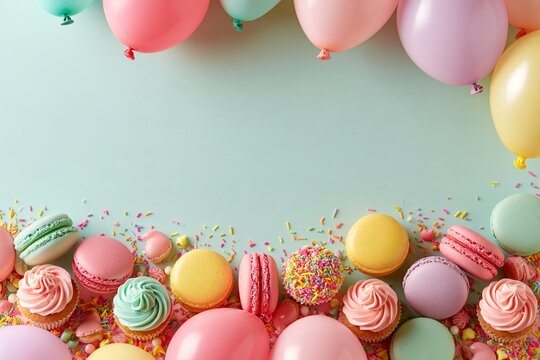 Birthday card background with macarons, cupcakes, sprinkles, and balloons Generative AI