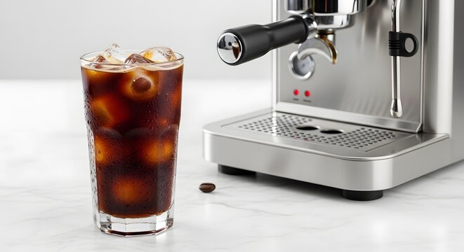 Discover the art of brewing with a high quality espresso machine capturing fresh coffee pouring into a glass filled with ice and cold brew perfect for coffee lovers and baristas alike