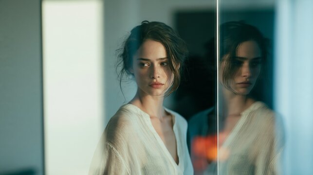 Woman stands behind a glass partition in an apartment at dusk Generative AI