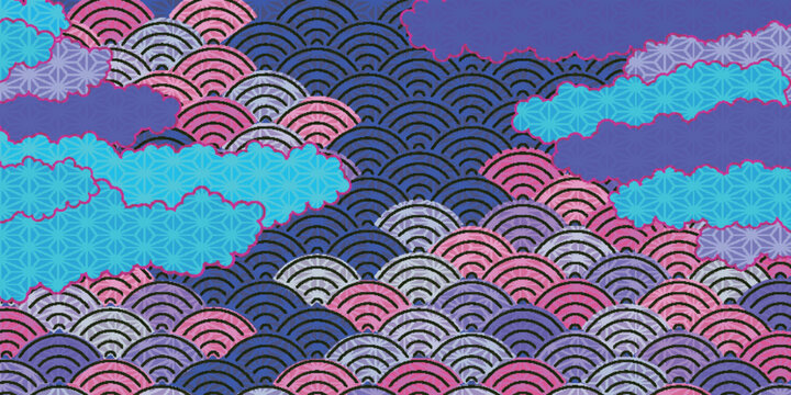 Vibrant Japanese Wave Pattern Background with Stylized Clouds