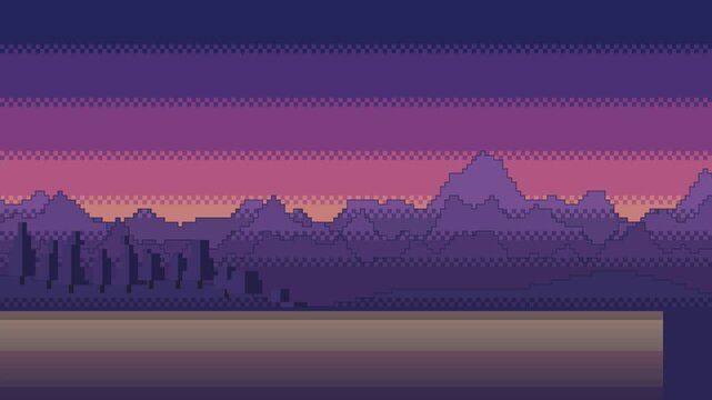 Pixelated background 8 bit landscape transition night to day