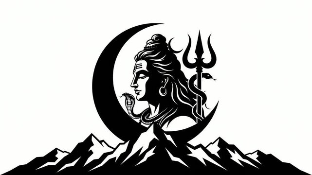 Illustration showcases lord shiva with crescent moon and mountains in black and white.