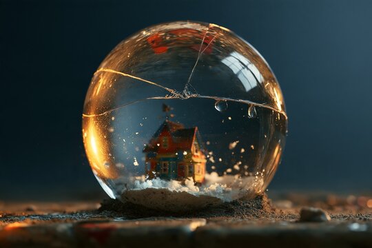 Damaged glass snow globe with a miniature house on stone Generative AI