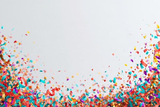 Birthday confetti and streamers burst from the lower corners of a white studio background Generative AI