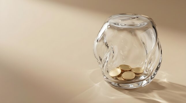 A modern, organicshaped clear glass piggy bank containing a few gold coins, set against a soft, neutral beige background with gentle lighting and shadows