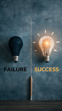 Failure vs Success: A dark unlit bulb contrasts with a glowing illuminated bulb, symbolizing the difference between setbacks and achievement.