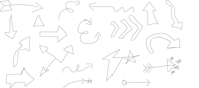 Sketchy hand-drawn arrows, collection of 18 doodle pointer icons, black outline arrow vector set for creative projects and bullet journaling
