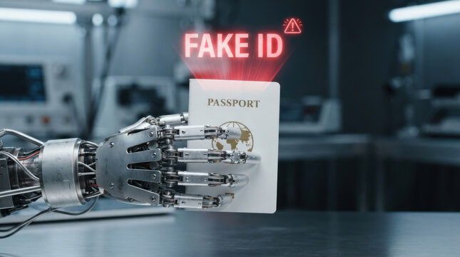 Robot hand holding counterfeit passport with cybercrime, databreaches, and identitytheft warning in technology laboratory