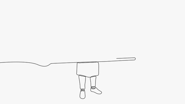 Continuous line art animation of a person ironing clothes on an ironing board indoors.   