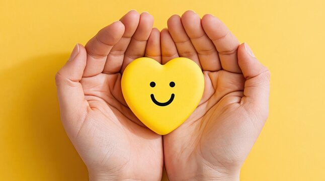Heart held in hands with a happy smile representing love kindness and positivity