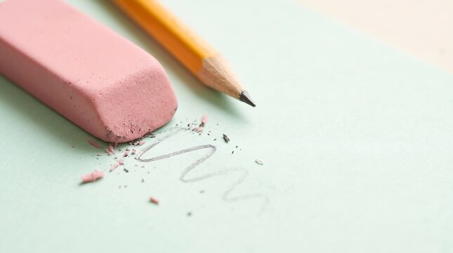 Pink eraser and yellow pencil with eraser crumbs and erased pencil scribble on pale green paper close up