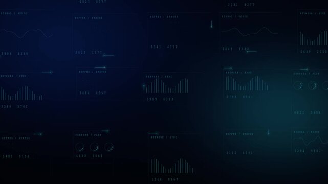 Blue and teal monitoring panels with graphs across dark interface animation