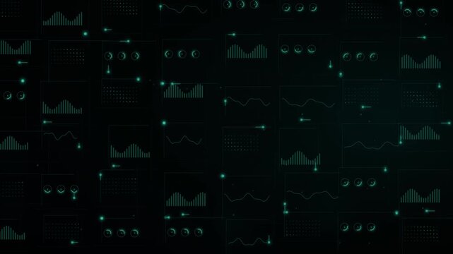 Green telemetry charts and small data panels on dark background animation