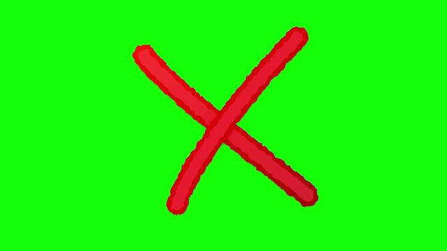 Handdrawn red X mark symbol on green chroma key background for error rejection and cancelation concept