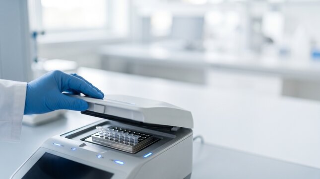 Researcher in sterile blue glove closing thermal cycler containing DNA samples for molecular analysis in a modern laboratory
