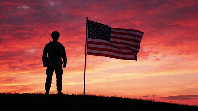 Silhouette of an American soldier standing near waving USA flag against dramatic red sunset sky honoring veterans day and memorial day patriotism