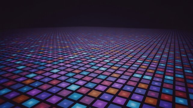 A glowing grid of colorful illuminated square tiles receding into a dark background perspective view in a dark room with pattern