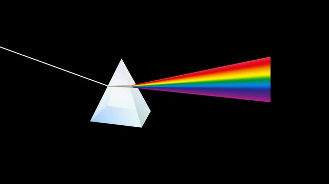 Optical Dispersion Animation Showing Multicolor Light Refraction Through a Triangular Crystal Prism, Delivered as MOV ProRes with a transparent alpha channel