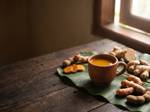 Jamu Traditional Herbal Drink in Clay Cup with Fresh Turmeric Roots