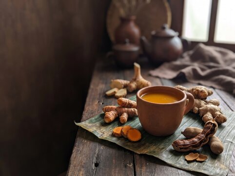 Fresh Traditional Jamu Herbal Drink with Turmeric and Tamarind Roots