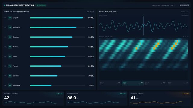 Digital language identification dashboard for multilingual confidence ranking, audio signal spectral analysis, for translation, communication global data in 4k
