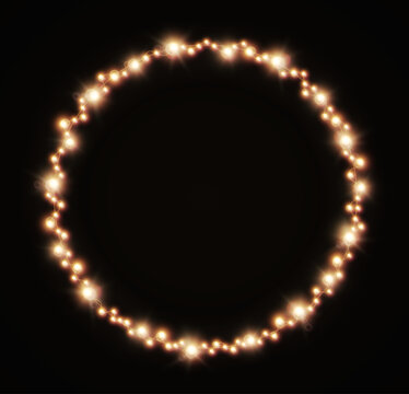 Glowing golden round Christmas tree garland frame isolated on black background. Gold boarder Xmas bg. Twinkling light trail isolated. New Year border decorations. Vector illustration