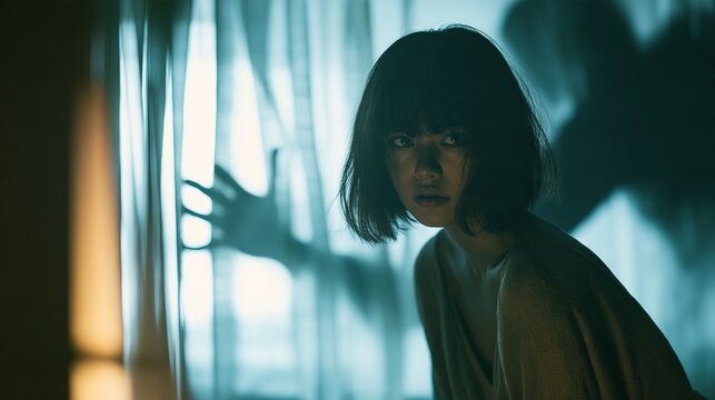 A young Japanese woman in a dark room, frightened by a creeping shadow.