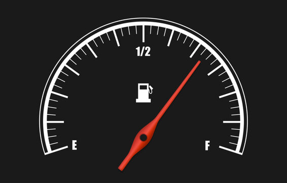 Realistic classic car fuel gauge level sensor hud interface template isolated. Sport white auto ui display panel. Gas tank meter indicator. Red FLS sensor measuring scale. Vector Illustration