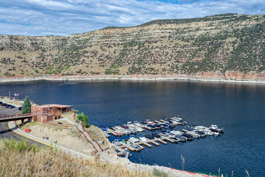 Boats docked at the Okebah Marina on Bighorn Lake near Fort Smith, Montana, USA