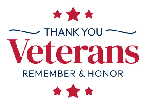 Thank you veterans text with red stars patriotic design, remember and honor message, transparent