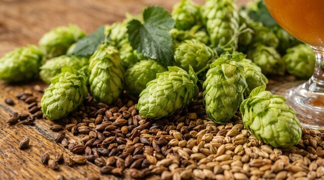 Fresh green hop cones and malted barley grains beside craft beer glass on rustic wooden table. Brewing ingredients, beer production and natural texture concept