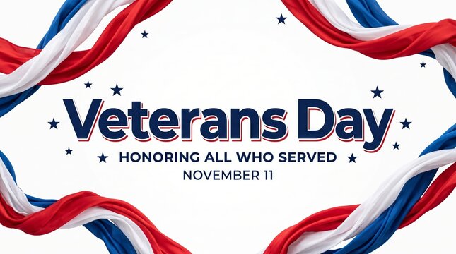 Veterans Day patriotic title card with red white blue fabric, stars and November 11 text honoring military service. American holiday tribute motion graphic for remembrance