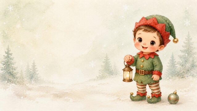 Watercolor christmas elf with lantern in snowy forest background, cute holiday illustration, festive winter scene, childlike charm, seasonal art, christmas decor inspiration COPY SPACE