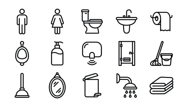 Public restroom hygiene and bathroom cleaning supplies line art icons set featuring toilet sink shower towel and mop
