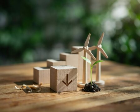 Wooden block with downward arrow symbol, miniature wind turbines, and a small green plant sprout on a wooden surface