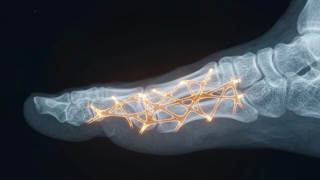 Foot X-ray with glowing nerve pathways and plantar pain waves