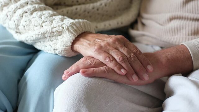 Elderly couple sitting together on a comfortable couch and gently holding hands, showing love, empathy, mutual support, and lifetime affection in their retirement years