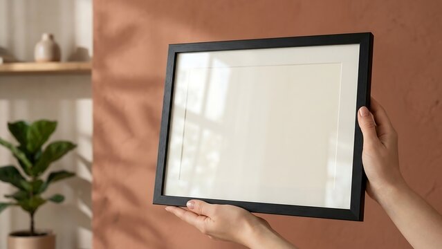 Hands Holding a Blank Black Horizontal Picture Frame Mockup with White Mat Against a Terracotta Textured Wall with Organic Leaf Shadows, Minimalist Home Interior Decor Poster Display
